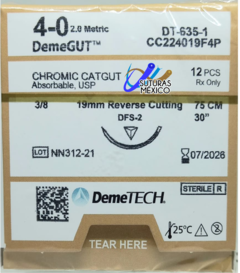 Catgut Cromico Demegut 4-0 Aguja Cortante Precisión Premium de 19 mm Hebra 75 cms Marca Demetech Caja con 12 Piezas
