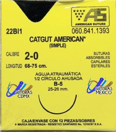 Catgut Simple 2-0 Aguja Ahusada de 25-26 mm Hebra 68-75 cms Marca American Suture 22BI1 Caja con 12 Piezas CADUCIDAD ENERO-25
