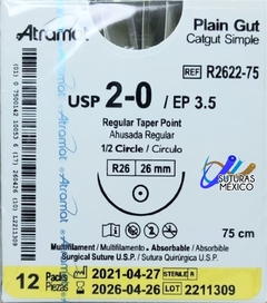 Catgut Simple 2-0 Aguja Ahusada Regular de 26 mm Hebra 75 cms Marca Atramat R2622-75 Linea Convencional Caja con 12 Piezas