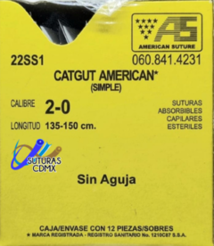 Catgut Simple 2-0 Sin Aguja Hebra 135-150 cm Marca American Suture 22SS1 Caja con 12 Piezas Caducidad Oct-27