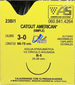 Catgut Simple 3-0 Aguja Ahusada de 25-26 mm Hebra 45 cm Marca American Suture 23Bl1 Caja con 12 Piezas Caducidad Sep-25