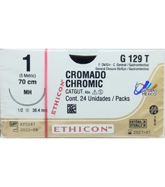 Catgut Cromico 1 MH de 36.4 mm Hebra 70 cms Marca Ethicon J&J G129T Caja con 24 Piezas