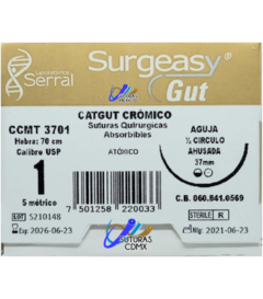 Catgut Cromico 1 Aguja Ahusada 37 mm Hebra 70 cms Marca Surgeasy Caja con 12 Piezas