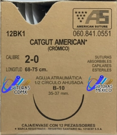 Catgut Crómico 2-0 Aguja Ahusada de 35-37 mm Hebra 68-75 cm Marca American Suture Caja con 12 Piezas 12BK1 Caducidad Ene-28