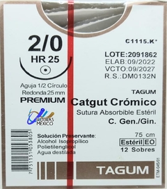 Catgut Cromico 2-0 Aguja Redonda 25 mm Hebra 75 cms Marca Tagum Caja con 12 Piezas