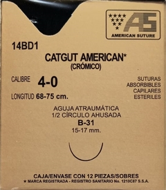 Catgut Cromico 4-0 Aguja Ahusada de 15-17 mm Hebra 68-75 cms Marca American Suture 14BD1 Caja con 12 Piezas CADUCIDAD JULIO 2024