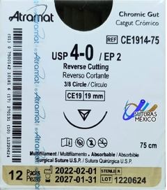 Catgut Cromico 4-0 Aguja Reverso de 19 mm Hebra 75 cms Marca Atramat CE1914-75 Linea Convencional Caja con 12 Piezas