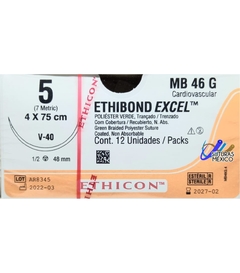Ethibond Excel 5 Aguja de 1/2 de 48 mm V-40 Hebra 4x75 cms Marca Ethicon J&J Caja con 12 Piezas