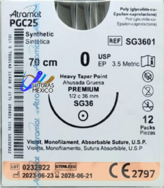 PGC25 0 (Monocryl) Aguja Ahusada de 36 mm Hebra 70 CM Violeta Linea Premium Atramat SG3601 Caja con 12 Piezas