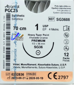 PGC25 1 (Monocryl) Aguja Ahusada de 36 mm Hebra 70 CM Violeta Linea Premium Atramat SG3608 Caja con 12 Piezas