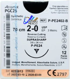 PGC25 2-0 (Monocryl) Aguja Reverso Cortante SupraSharp de 24 mm Hebra 70 CM Incoloro Linea Premium Atramat P-PE2402-B Caja con 12 piezas