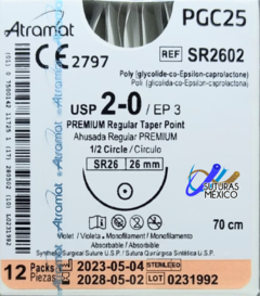PGC25 2-0 (Monocryl) Aguja Ahusada de 26 mm Hebra 70 CM Violeta Linea Premium Atramat SR2602 Caja con 12 Piezas