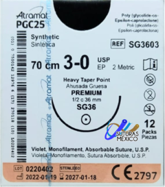 PGC25 3-0 (Monocryl) Aguja Ahusada de 36 mm Hebra 70 CM Violeta Linea Premium Atramat SG3603 Caja con 12 piezas