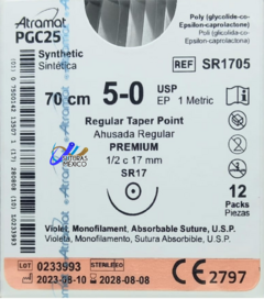 PGC25 5-0 (Monocryl) Aguja Ahusada de 17 mm Hebra 70 CM Violeta Linea Premium Atramat SR1705 Caja con 12 piezas