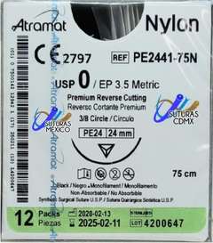 Nylon 0 Aguja Cortante de 24 mm Cortante Hebra 75 Marca Atramat PE-2441-75-N Linea Convencional Caja con 12 Piezas