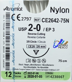 Nylon 2-0 Aguja Cortante de 26 mm Hebra 75 Marca Atramat CE2642-75N Caja con 12 Piezas Linea Convencional