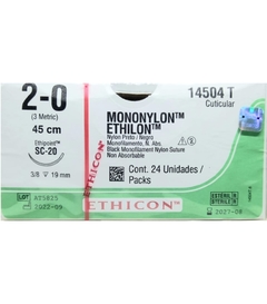 Mononylon Ethilon 2-0 Aguja SC-20 de 19 mm con Hebra de 45 cm Marca Ethicon 14504T Caja con 24 Piezas