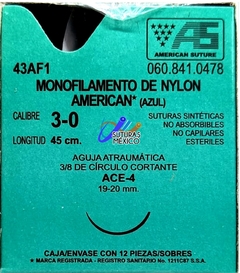 Nylon 3-0 Aguja de 19-20 mm Cortante Hebra 45 cm Azul Marca American Suture 43AF1 Caja con 12 Piezas Caducidad Dic-26