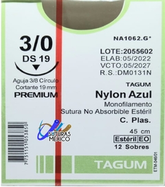 Nylon 3-0 Aguja Cortante de 19 mm Hebra 45 cm Marca Tagum Caja con 12 Piezas PREMIUM