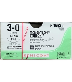 Mononylon Ethilon 3-0 Aguja PS-1 de 24 mm con Hebra de 45 cm Marca Ethicon Caja con 24 Piezas P1663T