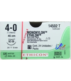 Mononylon Ethilon 4-0 Aguja SC-20 3/8 de 19 mm con Hebra de 45 cm Marca Ethicon 14502T Caja con 24 Piezas