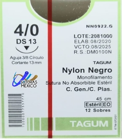 Nylon 4-0 Aguja Cortante de 13 mm Hebra 45 Marca Tagum Caja con 12 Piezas PREMIUM