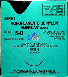 Nylon 5-0 Aguja de 19-20 mm Cortante Hebra 45 cm Azul Marca American Suture 45RE1 Caja con 12 Piezas Caducidad Jun-28