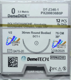 Demediox 0 (Polidioxanona) Aguja Ahusada Gruesa Precisión Premium de 36 mm Hebra 75 cms Marca Demetech Caja con 12 Piezas Caducidad Ago-25