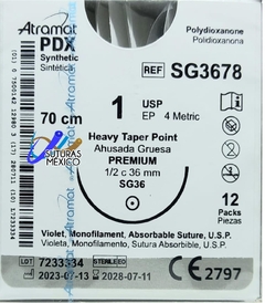 PDX 1 (Polidioxanona) Aguja Ahusada 1/2 de 36 mm Hebra 70 CM Violeta Atramat SG3678 Caja con 12 Piezas Linea Convencional