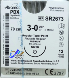 PDX 3-0 (Polidioxanona) Aguja Ahusada 1/2 de 26 mm Hebra 70 CM Violeta Atramat SR2673 Caja con 12 Piezas Linea Premium