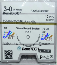 Demediox 3-0 (Polidioxanona) Aguja Ahusada Gruesa Precisión Premium de 13 mm Hebra 75 cms Marca Demetech Caja con 12 Piezas