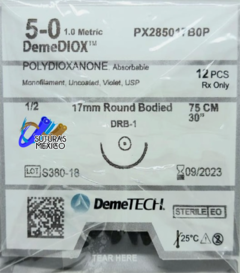 Demediox 5-0 (Polidioxanona) Aguja Ahusada Redonda Premium de 17 mm Hebra 75 cms Marca Demetech Caja con 12 Piezas