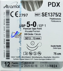 PDX 5-0 (Polidioxanona) Aguja Ahusada Premium Taper Point 3/8 de 13 mm Doble Armada Hebra 75 CM Violeta Atramat SE1375/2 Caja con 12 Piezas