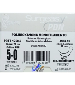 PDN 5-0 (Polidioxanona) Aguja Ahusada 3/8 de 12 mm Doble Armada Hebra 70 CM Violeta Surgeasy PDTT-1250-2 Caja con 12 Piezas