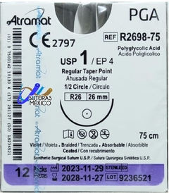 Acido Poliglicolico PGA 1 Aguja ahusada de 26 mm Hebra 75 cm Violeta Atramat R2698-75 Linea Convencional