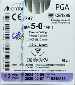 Acido Poliglicolico PGA 5-0 Aguja Cortante de 12 mm Hebra 70 cm Violeta Atramat CE1295 Linea Convencional