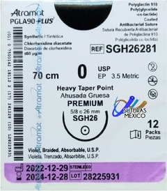 PGLA90 PLUS 0 Aguja Ahusada Gruesa de 26 mm Hebra 70 cm Violeta Linea Premium Plus SGH26281 Caducidad Diciembre 2024