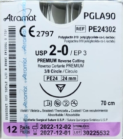 PGLA90 2-0 (Vicryl) Aguja Cortante de 24 mm Hebra 70 cm Violeta Atramat PE24302 Linea Premium Caja con 12 piezas