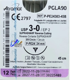 PGLA90 3-0 (Vicryl) Aguja Reverso Cortante de 24 mm Hebra 45 cm Incoloro Atramat P-PE24303-45B Linea Premium Caja con 12 piezas