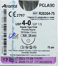 PGLA90 4-0 (Vicryl) Aguja Ahusada de 20 mm Hebra 75 cm Violeta Atramat R20304-75 Linea Convencional Caja con 12 piezas