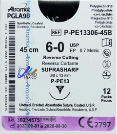 PGLA90 6-0 (Vicryl) Aguja Cortante Precisión de 13 mm Hebra 45 cm Incoloro Linea Premium P-PE13306-45B Caja con 12 piezas