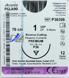 PGLA90 1 (Vicryl) Aguja Reverso Cortante de 36 mm Hebra 70 cm Violeta Marca Atramat Lìnea Premium P36308