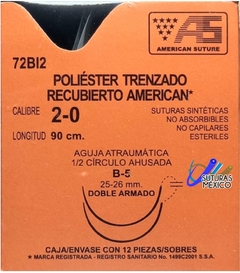 Poliester 2-0 Aguja Ahusada Doble Armado de 26 mm Aguja Cortante Hebra 90 cm Marca American Suture 72BI1 Caja con 12 Piezas Caducidad ENE 2029