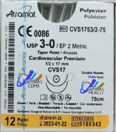 Poliester 3-0 Aguja Ahusada Cardiovascular Premuim de 17 mm Doble Aguja Hebra 75 Marca Atramat Caja con 12 Piezas Linea Premium