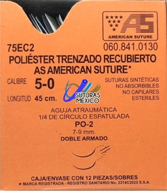 Poliester 5-0 Aguja 1/4 espatulada Doble Armado de 7-9 mm Hebra 45 cm Marca American Suture 75EC2 Caja con 12 Piezas Caducidad ENE-2029