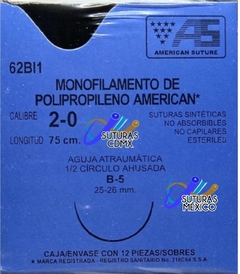 Polipropileno 2-0 Aguja Ahusada de 25-26 mm Hebra 75 cm Marca American Suture 62BI1 Caja con 12 Piezas Caducidad Ene-25