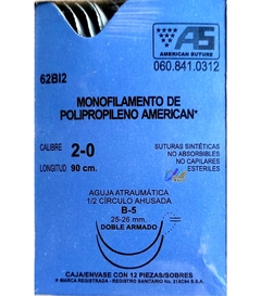 Polipropileno 2-0 Aguja Doble Armada de 25-26 mm Hebra 90 cm Marca American Suture 62BI2 Caja con 12 Piezas Caducidad Nov-27