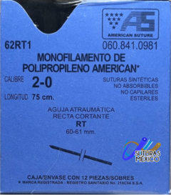 Polipropileno 2-0 Aguja Recta de 60-61 mm Hebra 75 cm Marca American Suture 62RT1 Caja con 12 Piezas Caducidad Nov-27