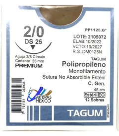 Polipropileno 2-0 Aguja Cortante de 25 mm Hebra 45 cms Marca Tagum PP1125.G* PREMIUM Caja con 12 Piezas