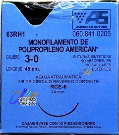 Polipropileno 3-0 Aguja Cortante de 24 mm Hebra 45 cm Marca American Suture 63RH1 Caja con 12 Piezas Caducidad Sep-27